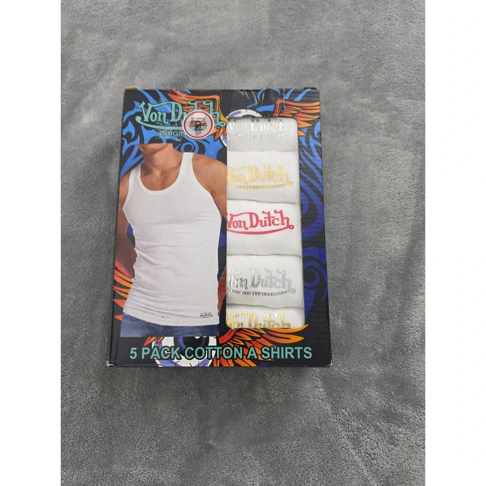 Von Dutch Originals Mens 5 Pack White Cotton Blend A-Shirts Tank Tops Size Large